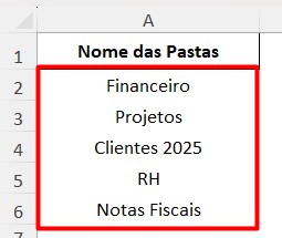 Nomes das Pastas no Excel
