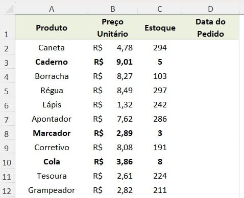 Registro de Estoque no Excel