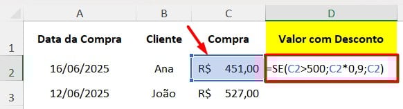 Calculando Compra com Desconto com Função SE no Excel