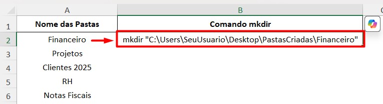 Criando Comando no Excel para Criar Pastas