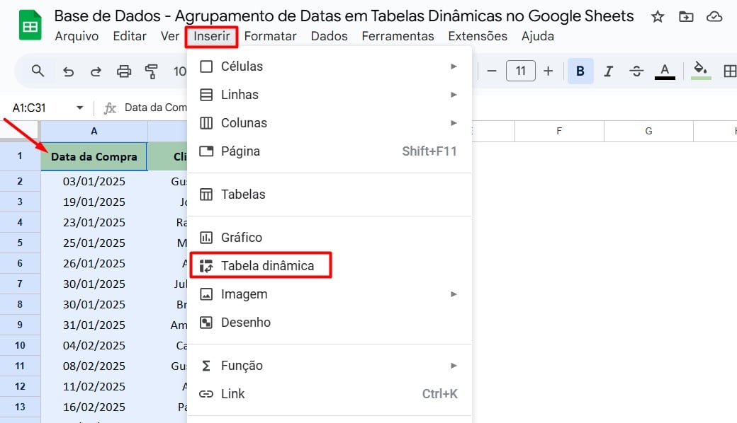 Criando Tabela Dinâmica no Google Sheets