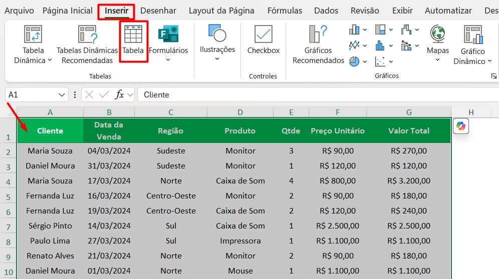 Formatando Dados como Tabela no Excel
