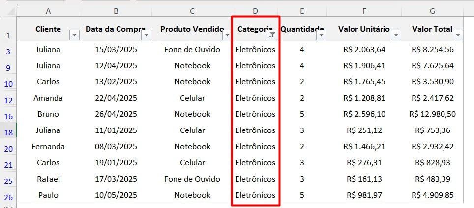 Registro de Vendas no Excel Filtrado por Categoria