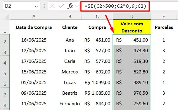 Calculando Compra com Desconto com Função SE no Excel