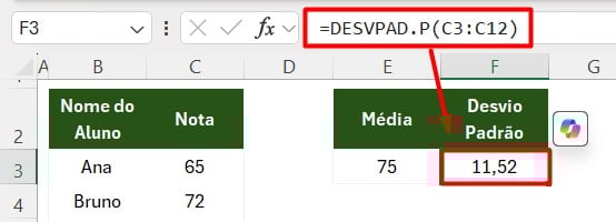 Calculando Desvio Padrão de Notas no Excel