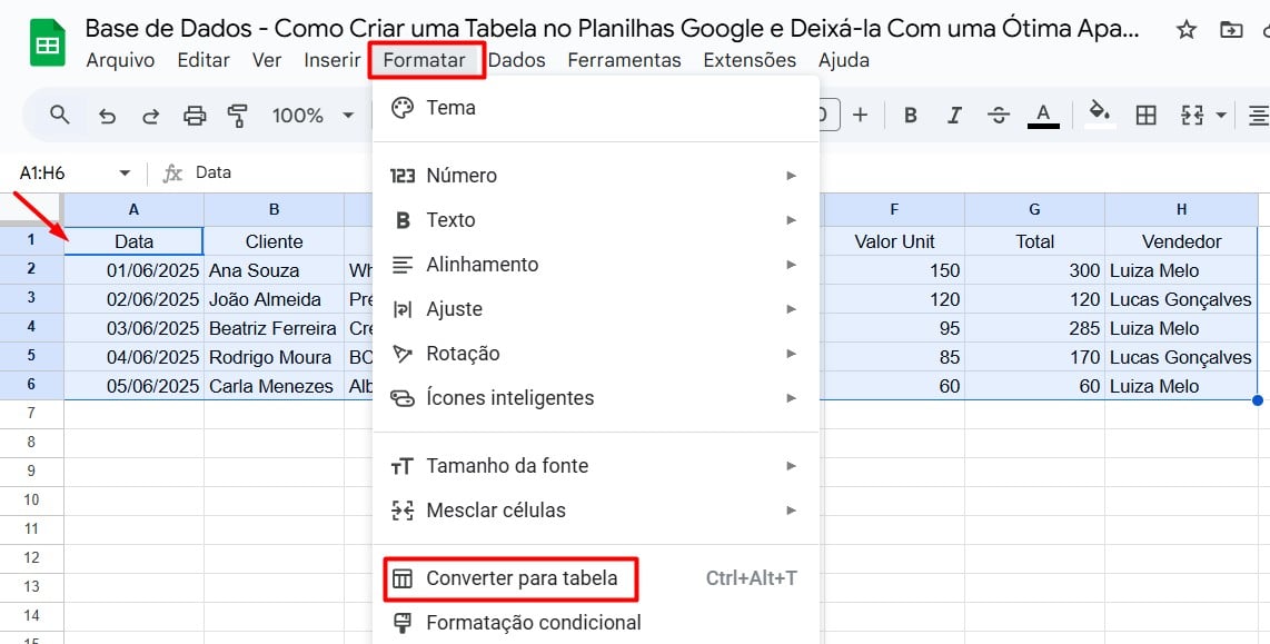 Convertendo Dados para Tabela no Google Sheets