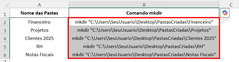 Criando Comando no Excel para Criar Pastas