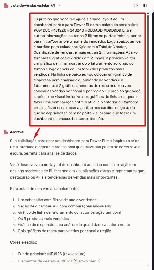 Prompt Enviado a IA para Criar Layout de Dashboard