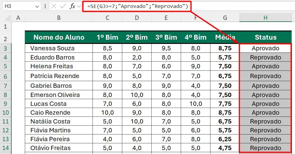 Resultado da Função SE no Excel