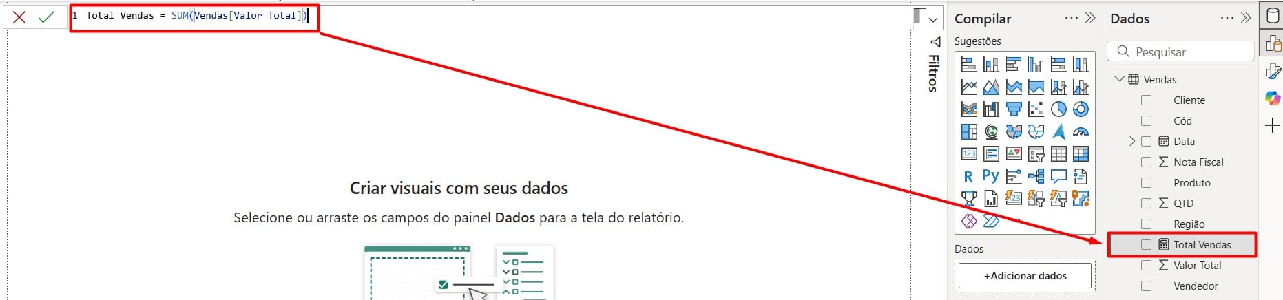 Total de Vendas com DAX SUM no Power BI