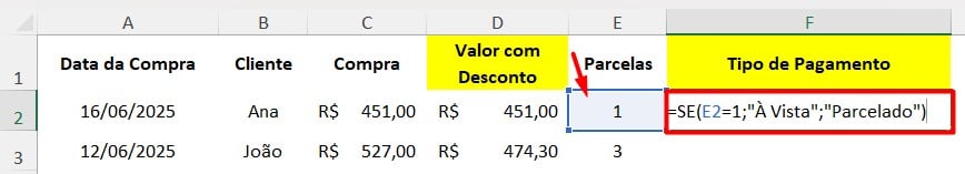 Classificando Tipo de Pagamento com Função SE no Excel