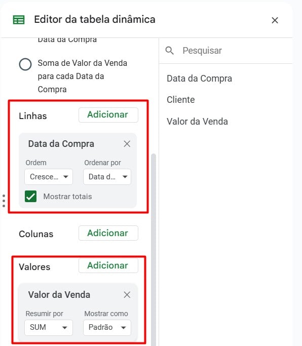 Editando Tabela Dinâmica no Google Sheets