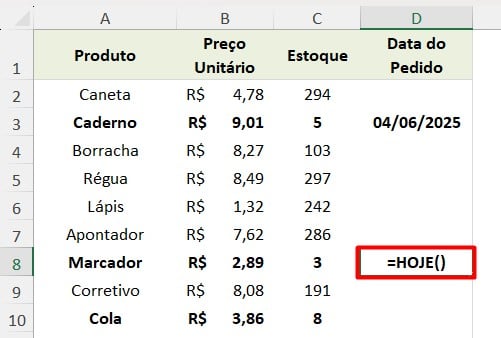 Função HOJE no Excel