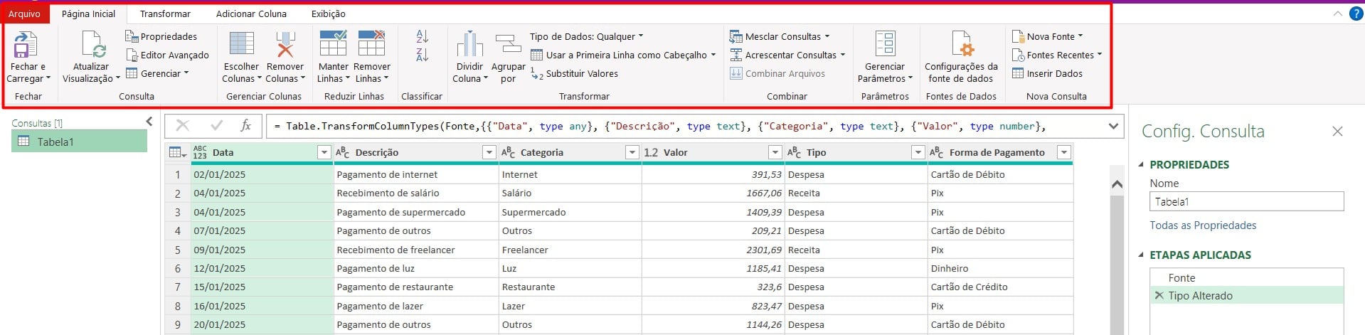 Menu do Power Query
