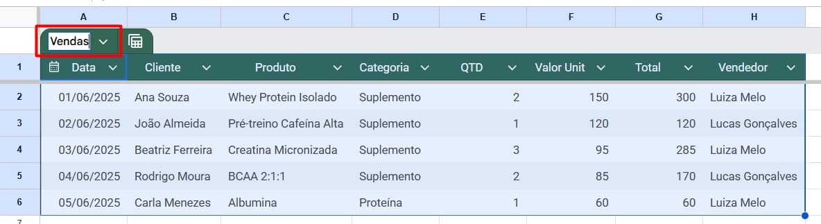 Nomeando Tabela no Google Sheets