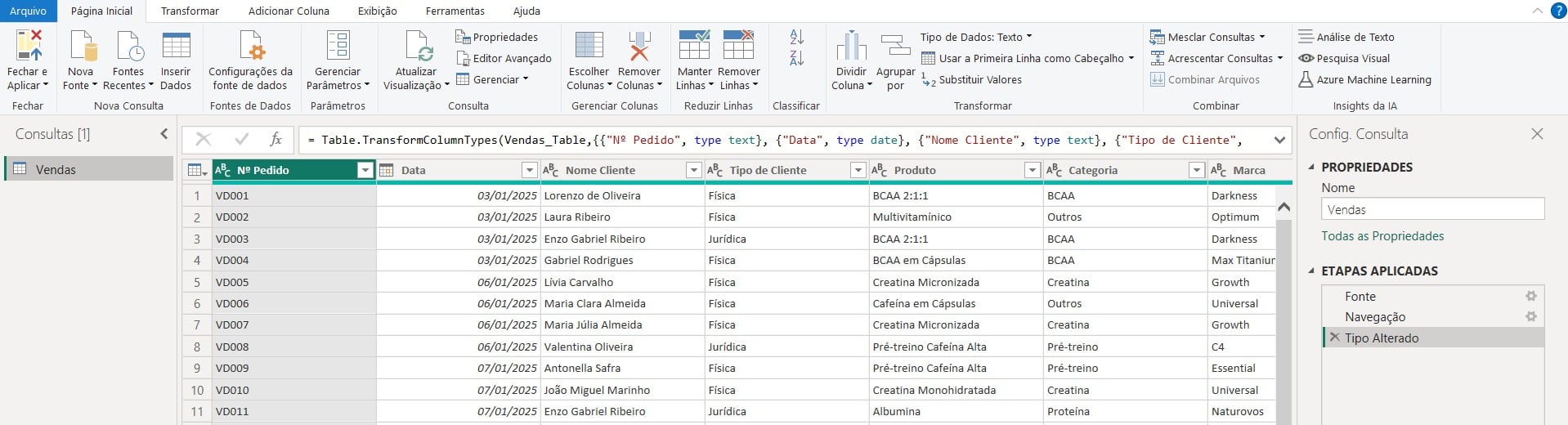 Power Query Aberto para Editar Dados