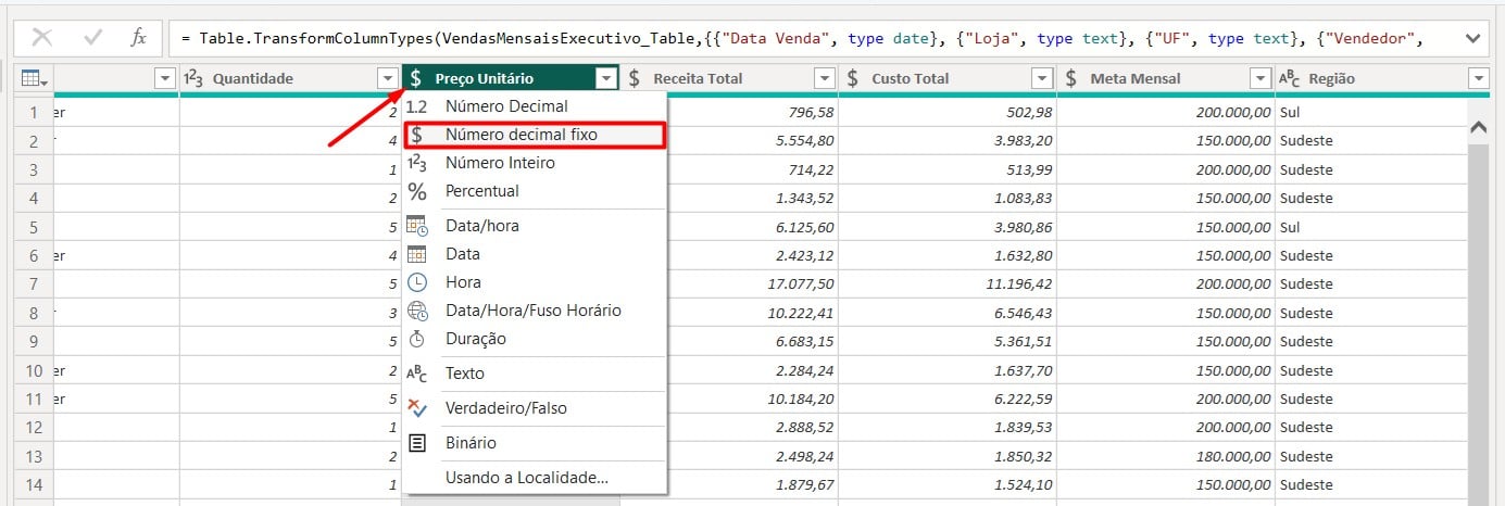 Alterando o Tipo de Dados das Colunas no Power Query