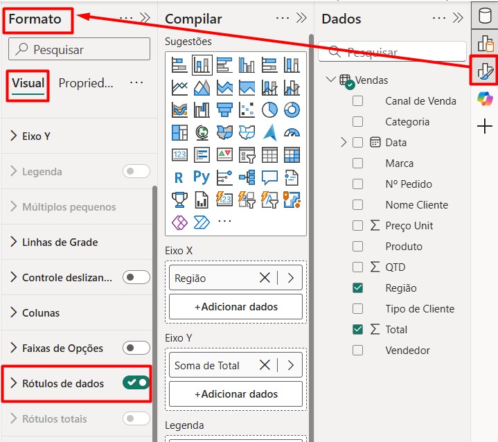 Ativando Rótulos de Dados no Visual do Power BI