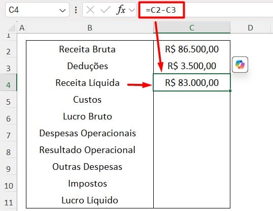 Calculando Receita Líquida no Excel