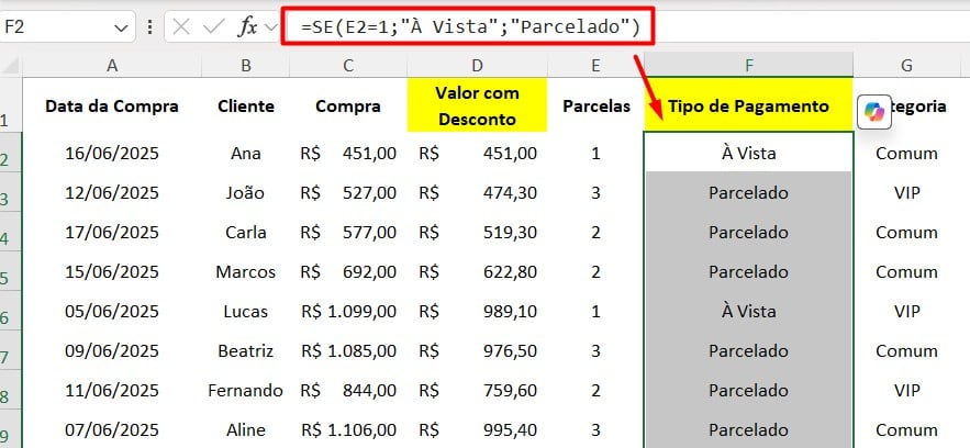 Classificando Tipo de Pagamento com Função SE no Excel