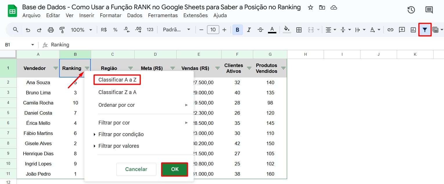 Classificando o Ranking no Google Sheets