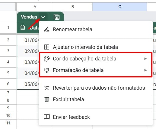 Configurando Aparência da Tabela no Google Sheets