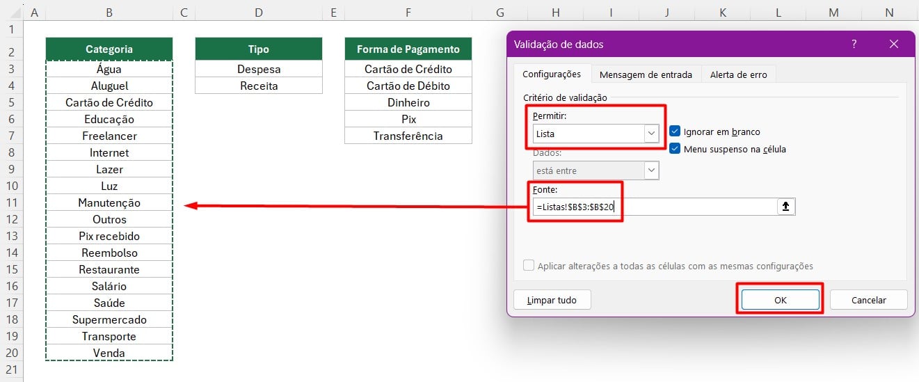 Criando Lista Suspensa no Excel