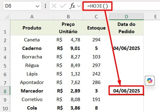 Função HOJE no Excel