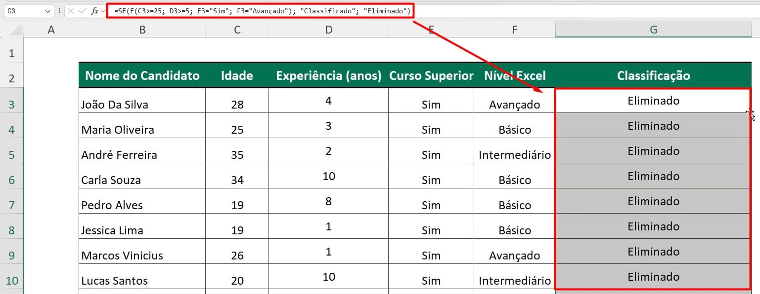 Função SE no Excel