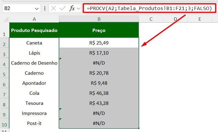 Resultado da Função PROCV no Excel