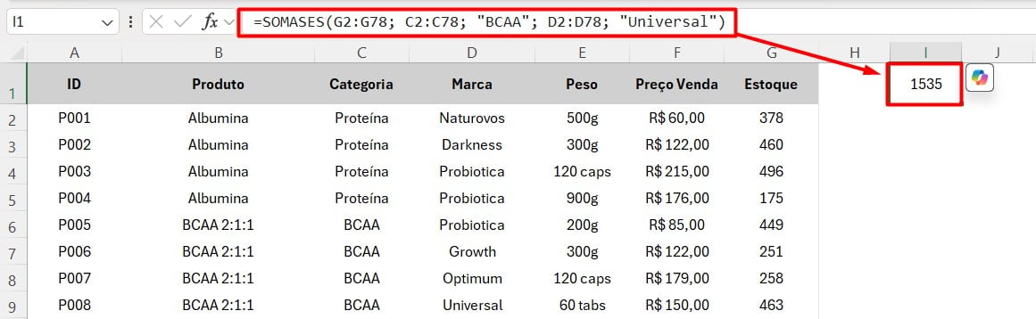 Resultado da Função SOMASES no Excel
