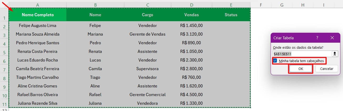 Transformando Dados em Tabela no Excel