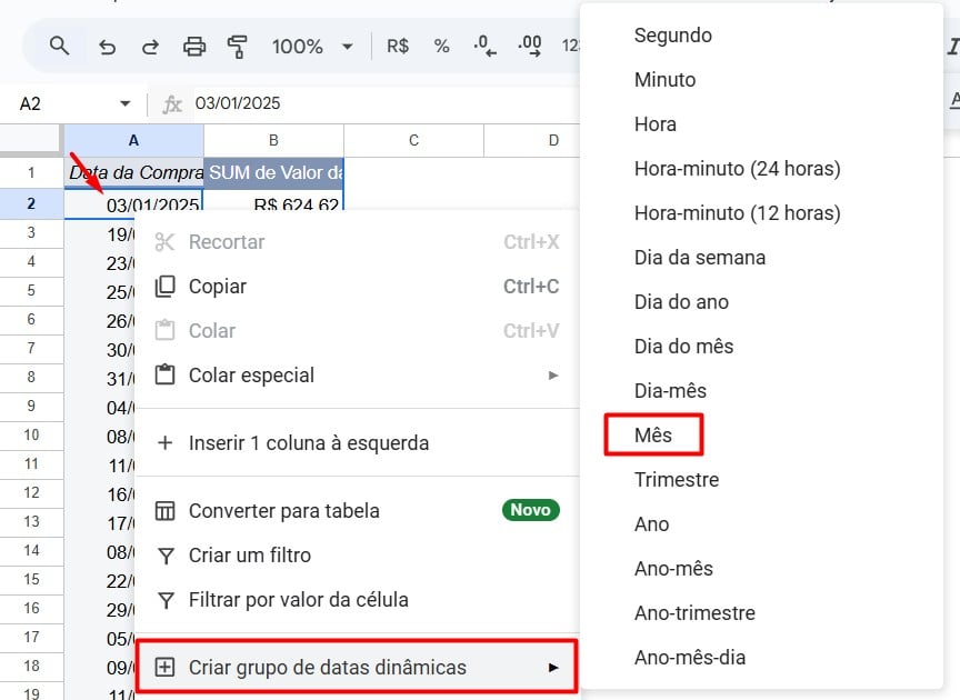 Agrupando Datas na Tabela Dinâmica do Google Sheets