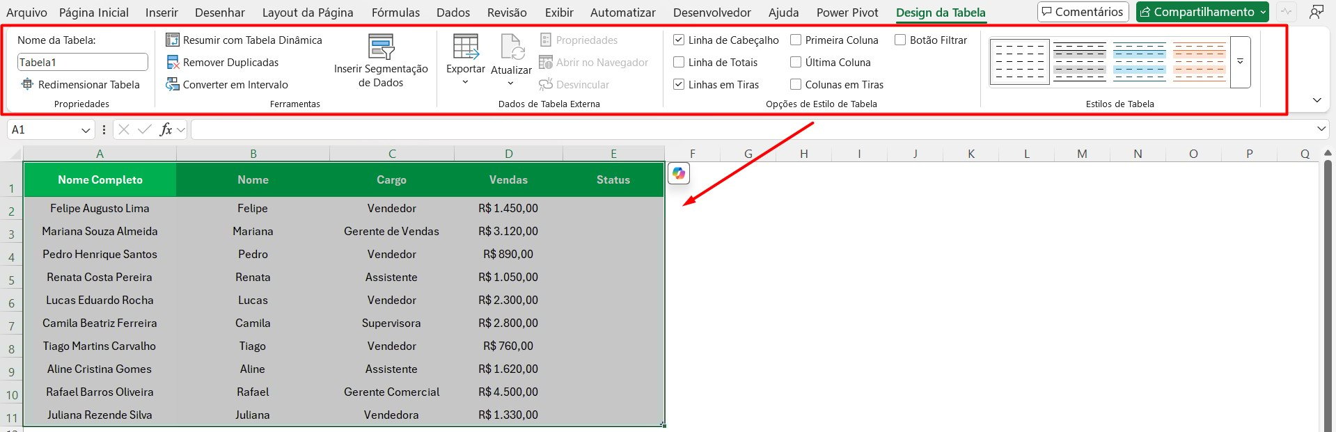 Opções para Usar na Tabela no Excel