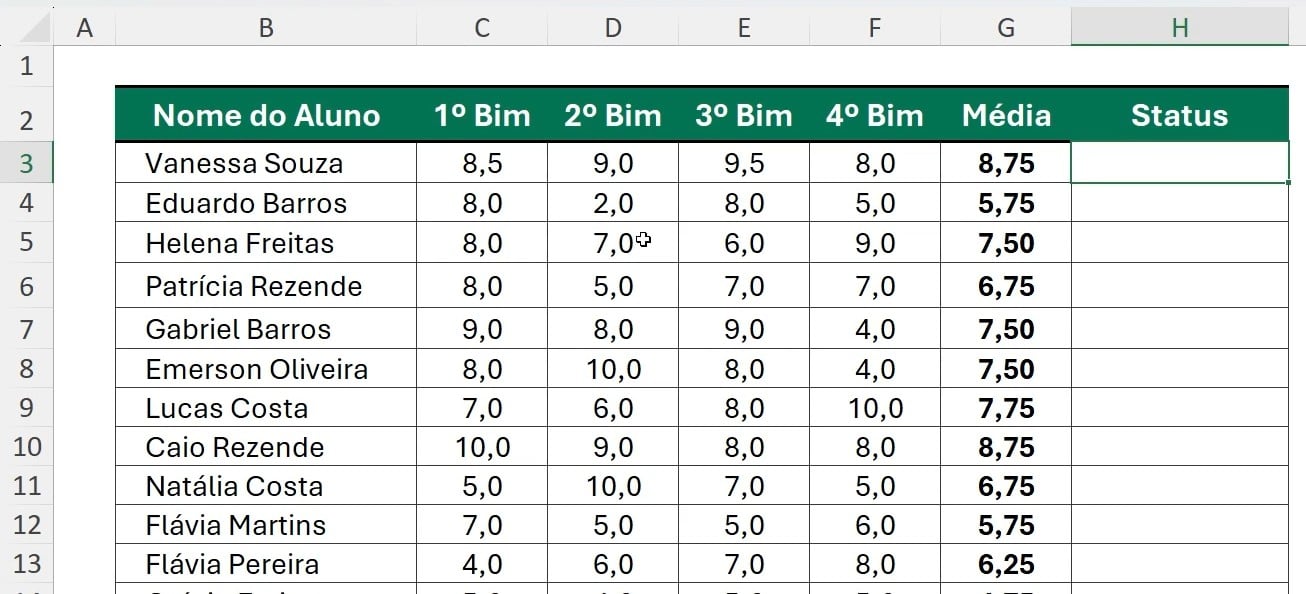 Tabela com Notas no Excel
