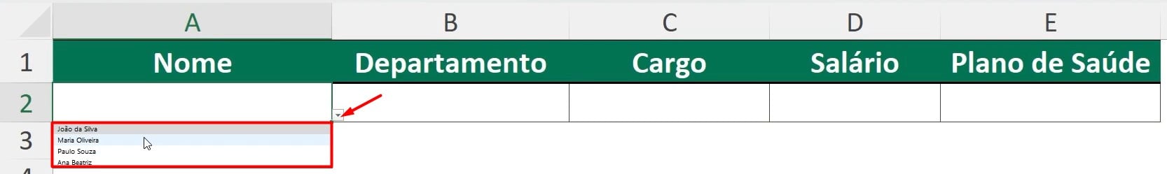 Lista Suspensa com o Nome do Funcionários no Excel