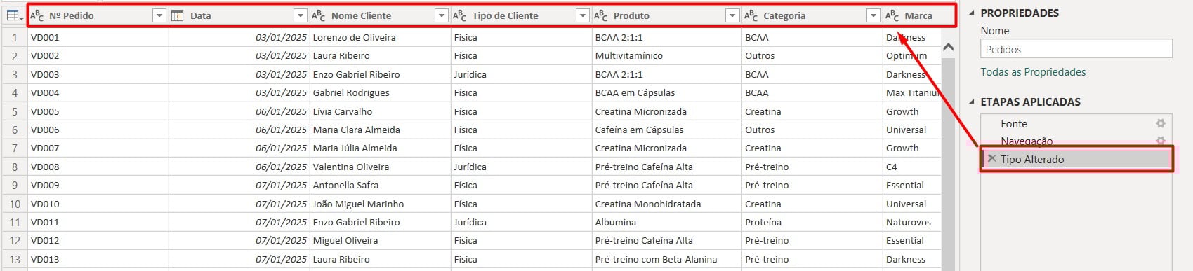 Verificando o Tipo das Colunas da Tabela no Power Query