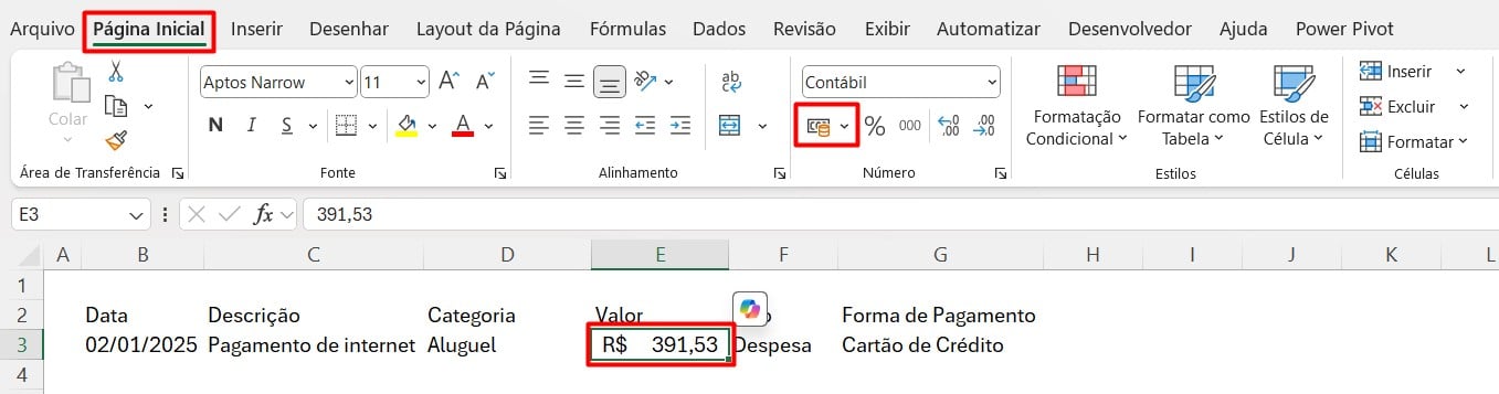 Formatando Número como Contábil no Excel