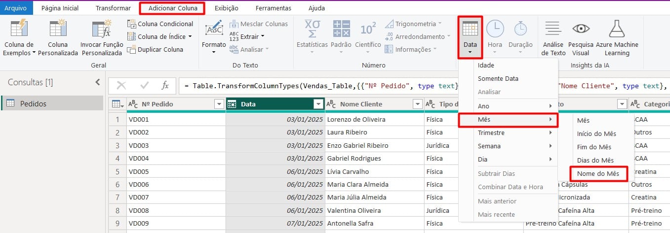 Adicionando Coluna com Nome do Mês no Power Query
