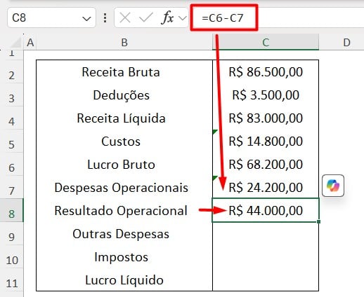 Calculando Resultado Operacional no Excel