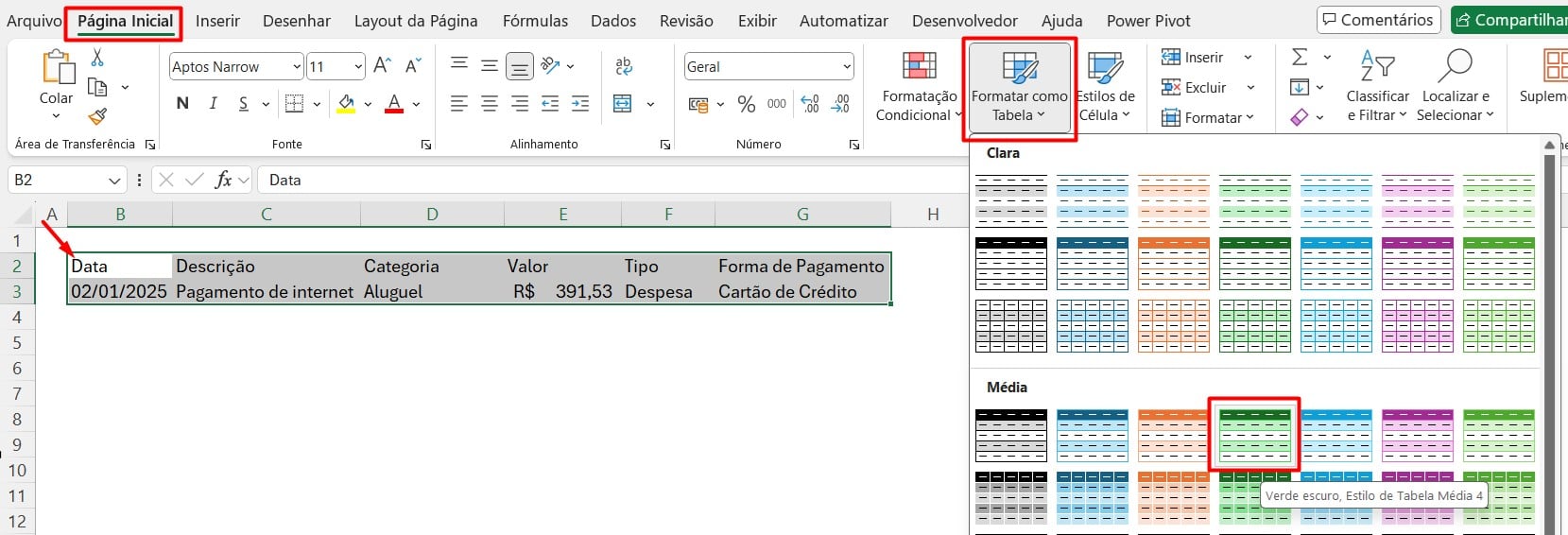 Formatando Dados como Tabela no Excel