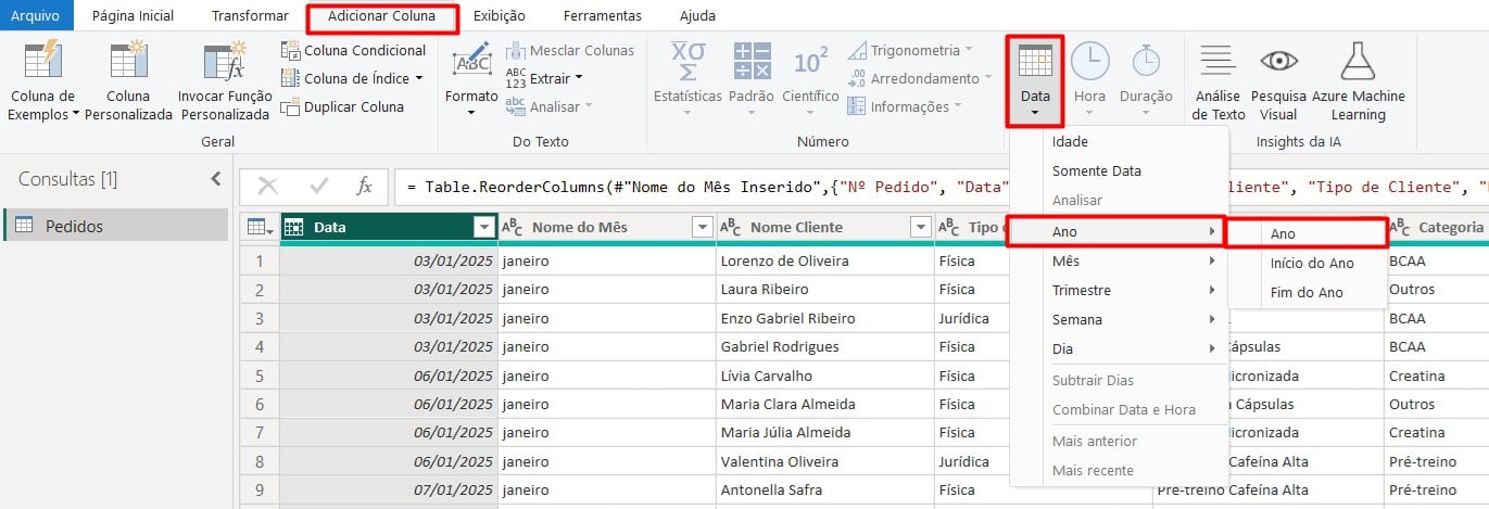Adicionando Coluna com Ano no Power Query