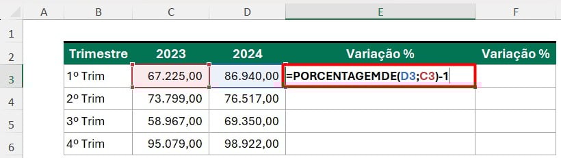 Aplicando a Função PORCENTAGEMDE no Excel para Calcular Variação Percentual