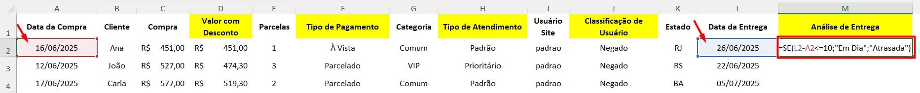Classificando Data de Entrega no Excel
