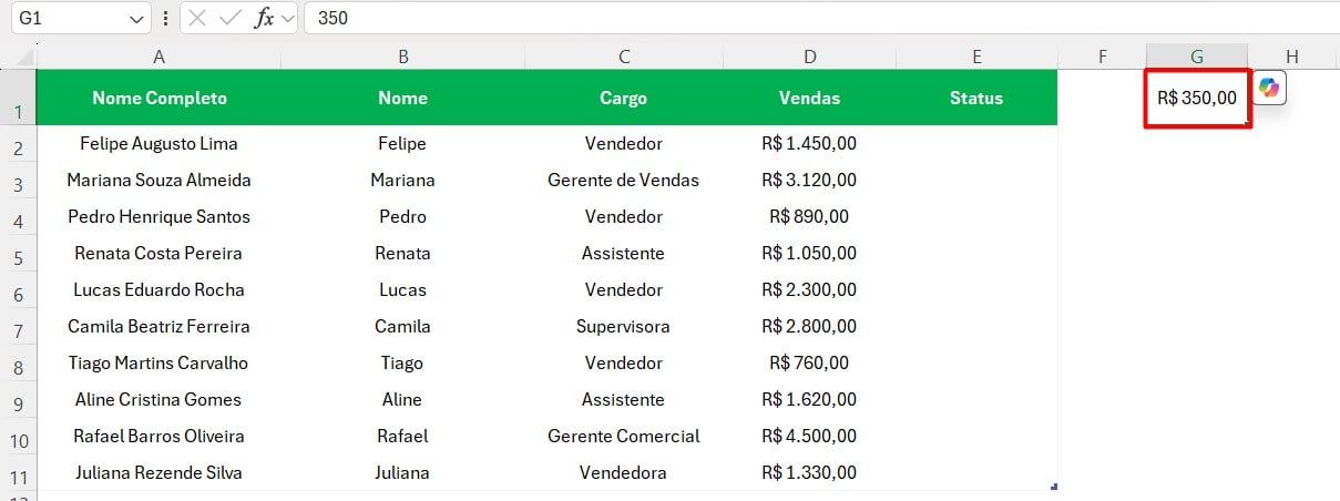 Digitando Valor no Excel