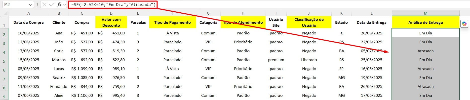 Classificando Data de Entrega no Excel