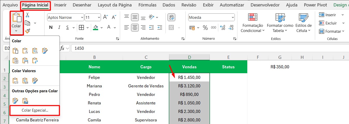Colar Especial no Excel