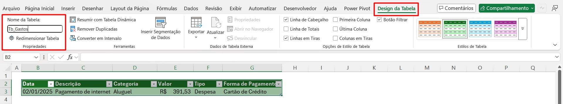 Nomeando Tabela no Excel