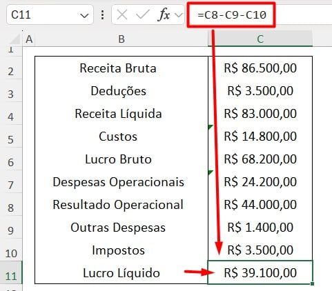 Calculando Lucro Líquido no Excel