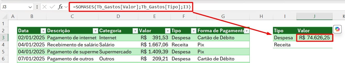 Resultado SOMASES no Excel